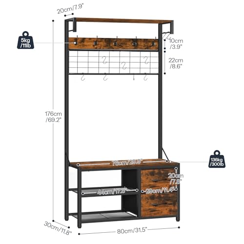 Rustic Coat and Shoe Rack with Bench and Drawers for Entryway