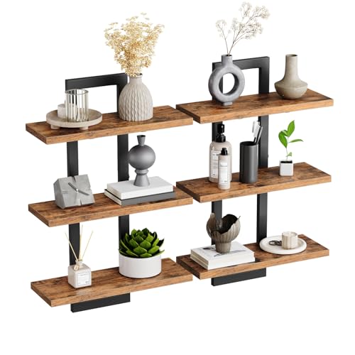 2-Pack Rustic Brown/Black Floating 3-Tier Wall Shelves for Bathroom, Living Room, Bedroom, Kitchen