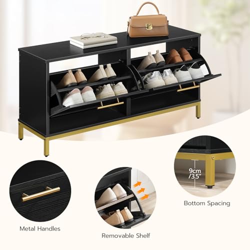 Black and Gold Shoe Storage Bench with Hidden Organizer