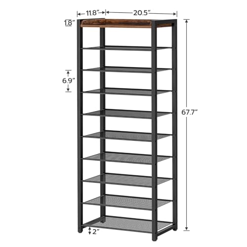 Narrow Shoe Storage Organizer with 9 Shelves for 18-27 Pairs of Shoes, Rustic Brown for people looking for a shoe rack with specific features.