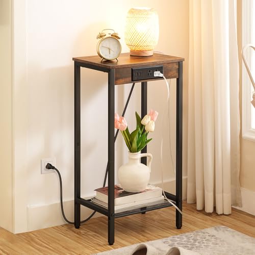 BARC CABIN Tall Side Table with Charging Station for Living Room, Bedroom, Office