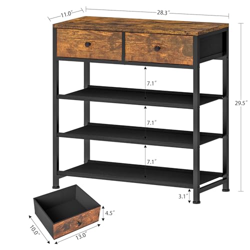 4 Tier Shoe Rack Organizer for 9-12 Pairs of Shoes, with Drawers, Fabric Shelves, and Wooden Top - Rustic Brown