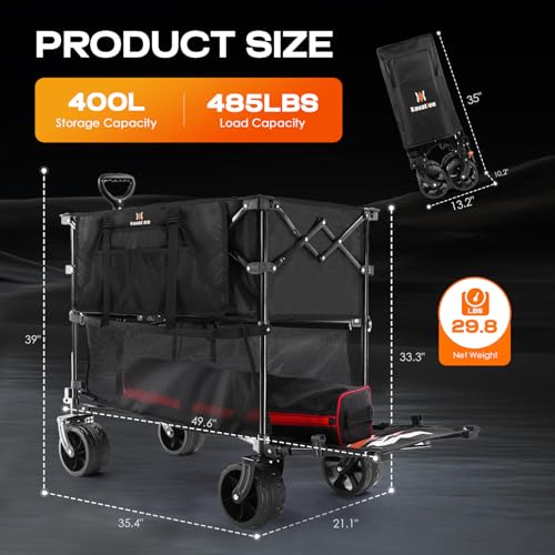 Foldable Beach Wagon with Big Wheels for Sand, 50 Utility Extra Long Cart for Beach, Sports, Camping, Outdoors