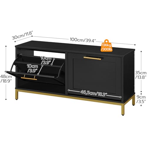 Shoe Storage Bench for Entryway with Hidden Rack Organizer, Black and Gold