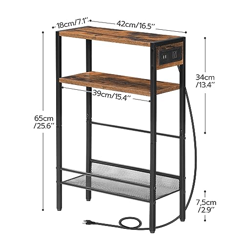 Small End Table with Charging Station and USB Ports for Small Spaces, Rustic Brown and Black
