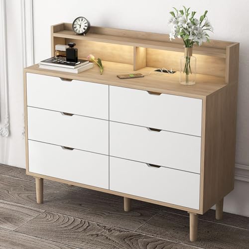 HORIZON LINGUISTICS Home White 6-Drawer Dresser with Charging Station and LED Light