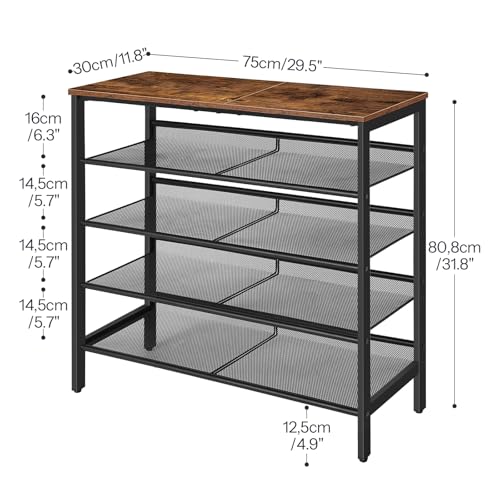 5-Tier Shoe Rack Organizer for Entryway, 16-20 Pairs, Industrial Style Shelf for Closet in Rustic Brown