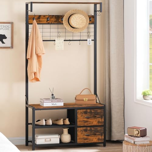Rustic Coat and Shoe Rack with Bench and Drawers for Entryway