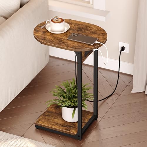 Rustic Brown & Black C-Shaped Charging End Table - Small Spaces