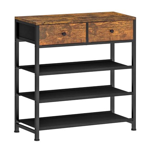 4 Tier Shoe Rack Organizer for 9-12 Pairs of Shoes, with Drawers, Fabric Shelves, and Wooden Top - Rustic Brown