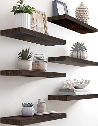 Wooden Wall Shelves for Bedroom, Set of 6 Brown 17 Inch