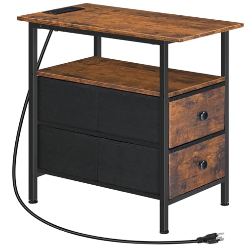 End Table with Charging Station for Small Spaces, Living Room, Bedroom - Rustic Brown & Black