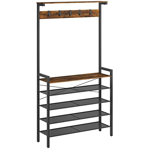 Rustic Brown Industrial Coat and Shoe Rack with Bench, 5 Hooks