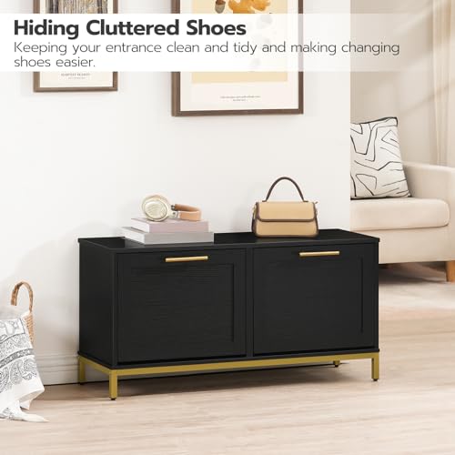 Shoe Storage Bench for Entryway with Hidden Rack Organizer, Black and Gold