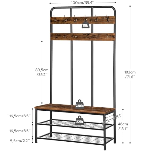 Rustic Brown Entryway Hall Tree with Bench and Coat Rack