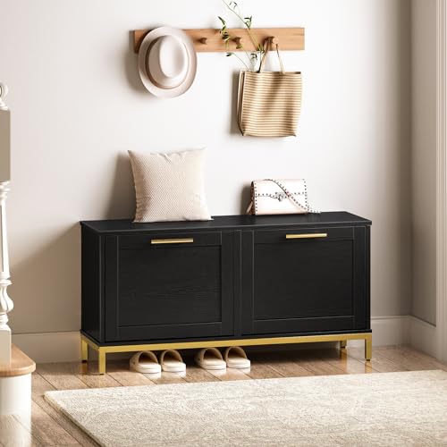 Shoe Storage Bench for Entryway with Hidden Rack Organizer, Black and Gold
