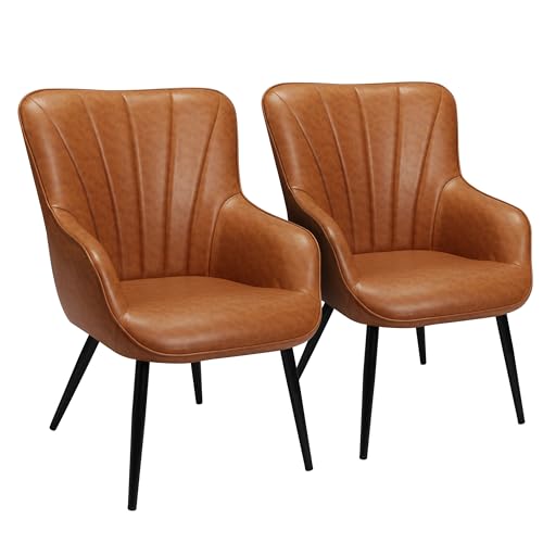 HORIZON LINGUISTICS Mid-Century Modern Brown Faux Leather Accent Chairs with Metal Legs