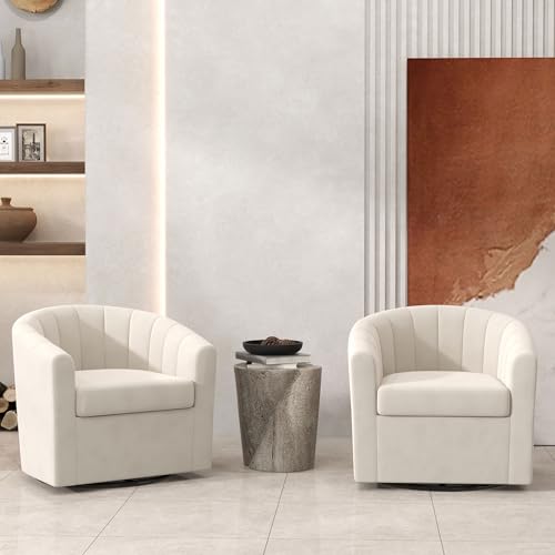 White Swivel Barrel Chair Set of 2 for Living Room or Bedroom