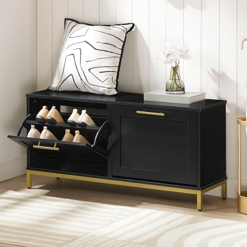 Shoe Storage Bench for Entryway with Hidden Rack Organizer, Black and Gold