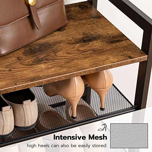 Rustic Brown Industrial Hall Tree with Bench & 5-Tier Shoe Storage