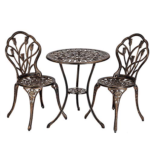 Outdoor Bistro Set with Cast Aluminum Table and Chairs, Rust Resistant Patio Furniture for Small Spaces
