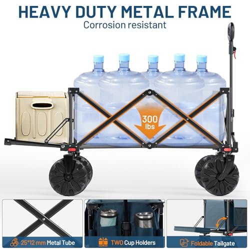 Heavy Duty 300lbs Capacity Foldable Beach Wagon with Tailgate, Blue