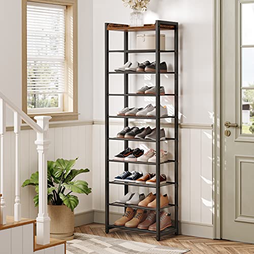 Narrow Shoe Storage Organizer with 9 Shelves for 18-27 Pairs of Shoes, Rustic Brown for people looking for a shoe rack with specific features.