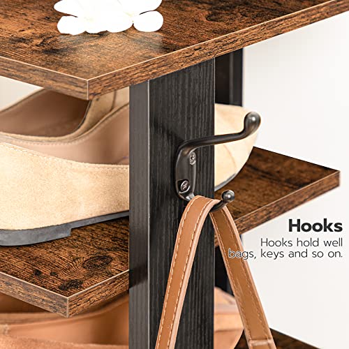 8-Tier Vertical Wooden Shoe Rack with Hooks for Entryway, Living Room, Bedroom (Rustic Brown)
