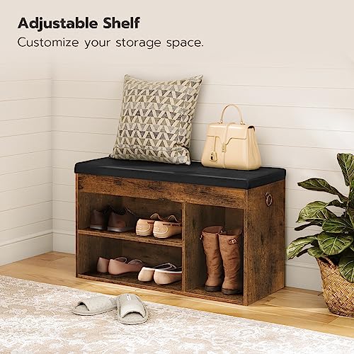 Rustic Brown Shoe Storage Bench with Hidden Compartment and Padded Cushion for Entryway and Living Room