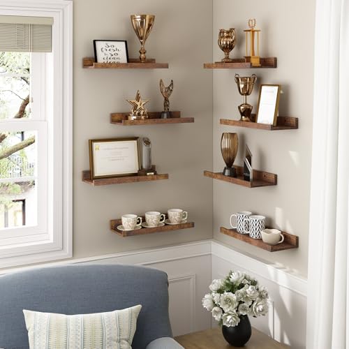 Rustic Brown Floating Wall Shelves Set of 8 for Bedroom, Bathroom, Nursery, Living Room