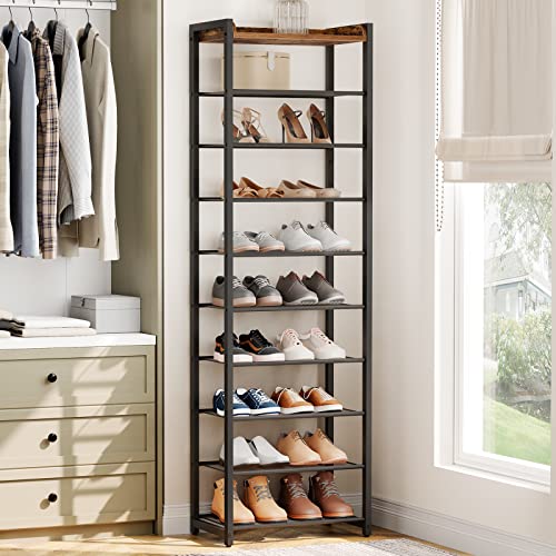 Narrow Shoe Storage Organizer with 9 Shelves for 18-27 Pairs of Shoes, Rustic Brown for people looking for a shoe rack with specific features.
