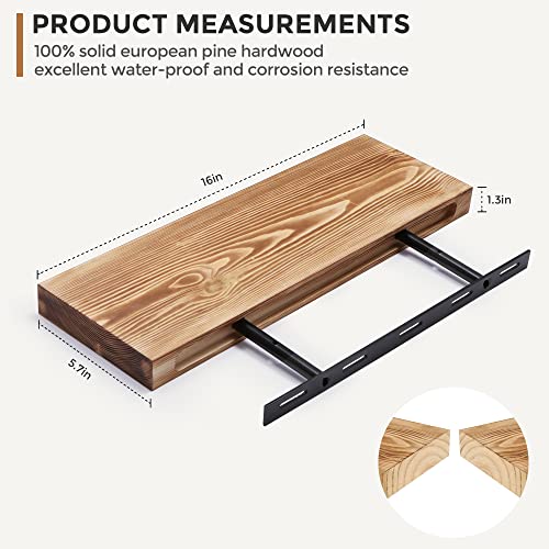 Rustic Wooden Floating Shelves Set of 2 - 16 - Ideal for Kitchen, Bathroom, Living Room, Bedroom - European Pine - Carbonized Finish