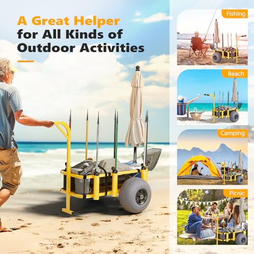 HORIZON LINGUISTICS Beach Fishing Cart: Foldable Wagon with 13 Wheels, 300 lbs Capacity, 8 Rod Holders