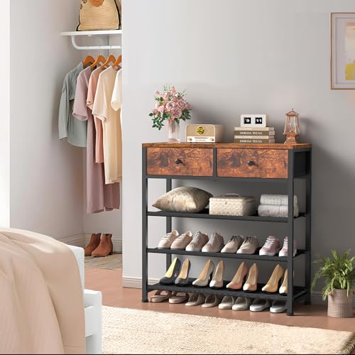 4 Tier Shoe Rack Organizer for 9-12 Pairs of Shoes, with Drawers, Fabric Shelves, and Wooden Top - Rustic Brown