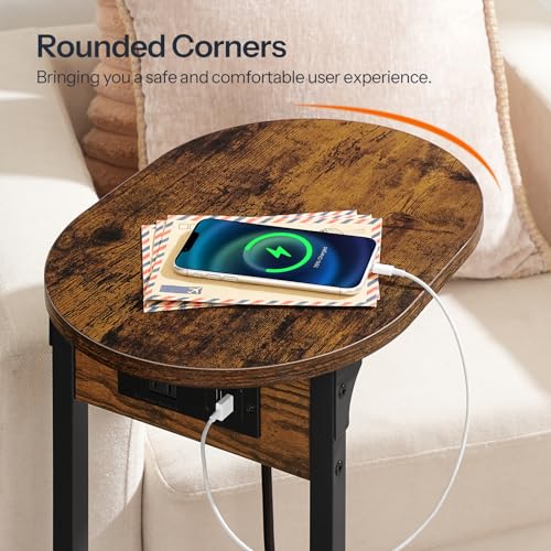C-Shaped Side Table with Charging Station for Small Spaces