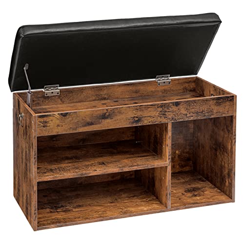 Rustic Brown Shoe Storage Bench with Hidden Compartment and Padded Cushion for Entryway and Living Room