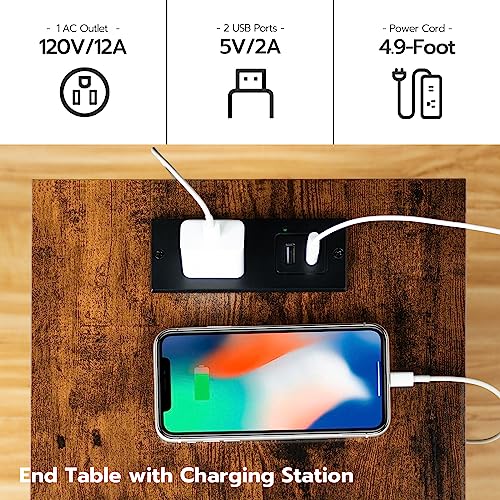 Rustic Brown Side Table with Charging Station and Storage for Small Spaces