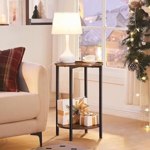 Industrial Style Round Side Table with Storage Shelf for Small Spaces, Living Room, Bedroom