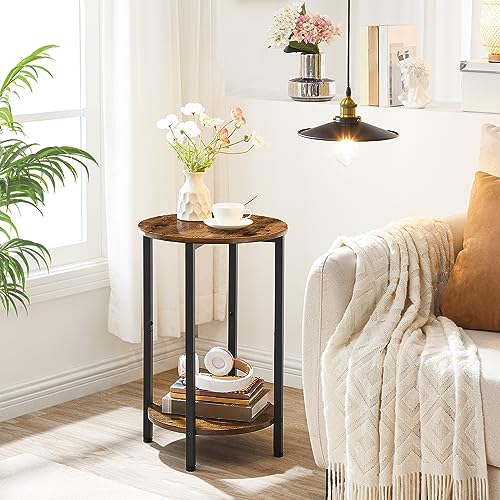 Industrial Style Round Side Table with Storage Shelf for Small Spaces, Living Room, Bedroom