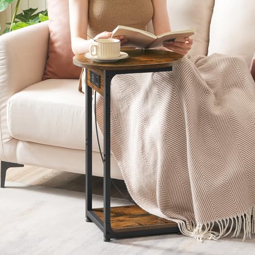 C-Shaped Side Table with Charging Station for Small Spaces