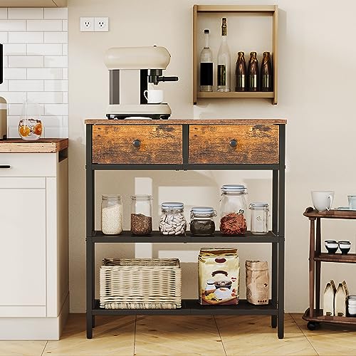 Rustic Brown & Black Narrow Console Table with Drawers & Shelves
