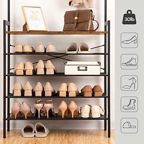 Industrial Coat and Shoe Rack with Bench for Entryway, 5 Hooks, Rustic Brown