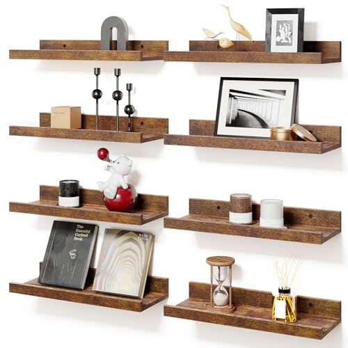 Rustic Brown Floating Wall Shelves Set of 8 for Bedroom, Bathroom, Nursery, Living Room