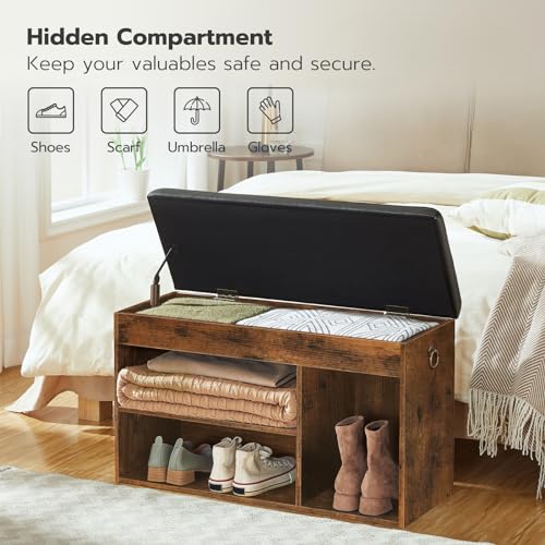 Rustic Brown Shoe Storage Bench with Hidden Compartment and Padded Cushion for Entryway and Living Room