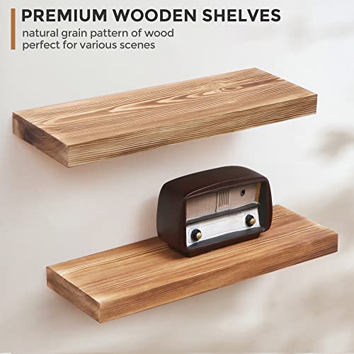 Rustic Wooden Floating Shelves Set of 2 - 16 - Ideal for Kitchen, Bathroom, Living Room, Bedroom - European Pine - Carbonized Finish
