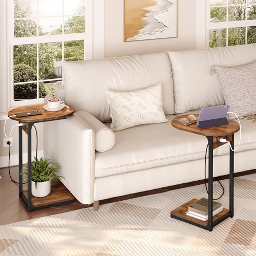 C-Shaped Side Table with Charging Station for Small Spaces