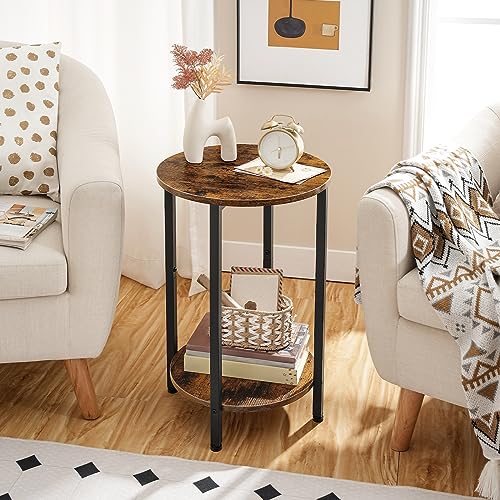 Industrial Style Round Side Table with Storage Shelf for Small Spaces, Living Room, Bedroom