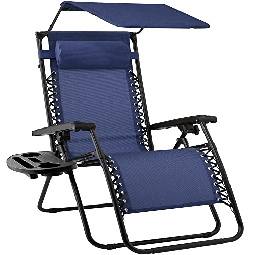 Navy Blue Folding Zero Gravity Outdoor Recliner with Canopy