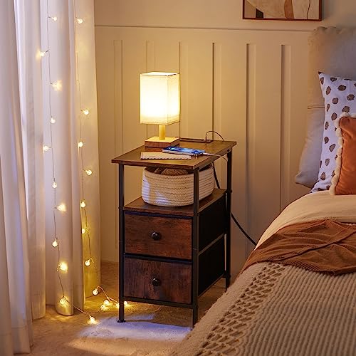 End Table with Charging Station for Small Spaces, Living Room, Bedroom - Rustic Brown & Black