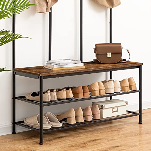 Entryway Hall Tree with Bench and Coat Rack, Rustic Brown